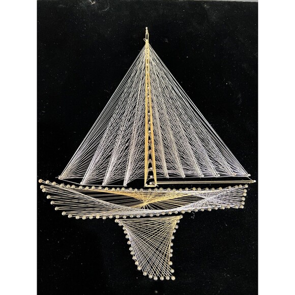 VTG Mid Century 3D String Art Nail Sail Boat Ship Wall Wood Frame 15x14” Velvet - Picture 2 of 16